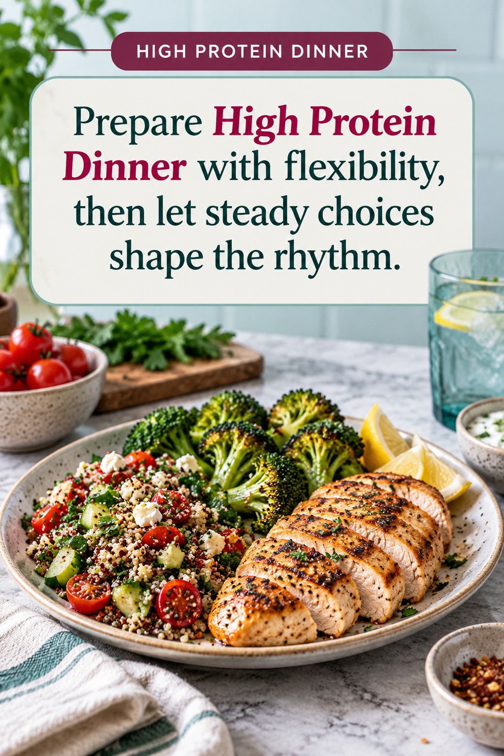 Original High Protein Dinner quote graphic reading “Prepare High Protein Dinner with flexibility, then let steady choices shape the rhythm.” in a board-relevant editorial design.
