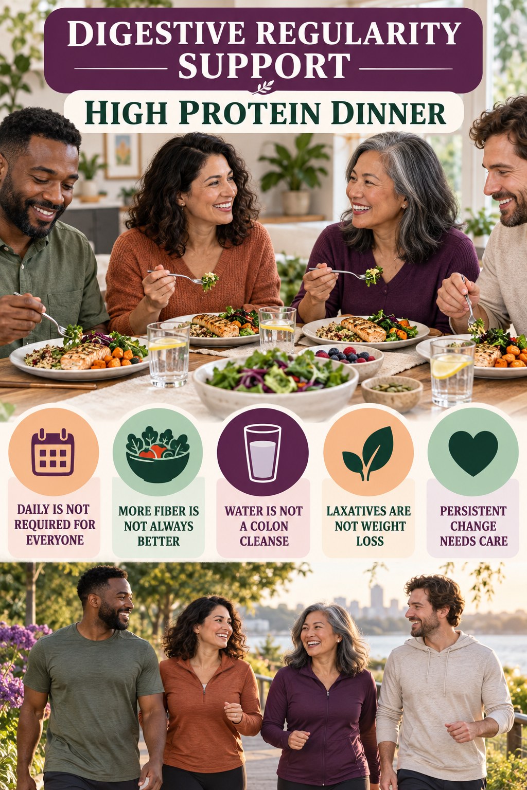 Regularity Myths and Facts infographic for High Protein Dinner with five practical food, hydration, movement, or routine actions and no cleanse claims.
