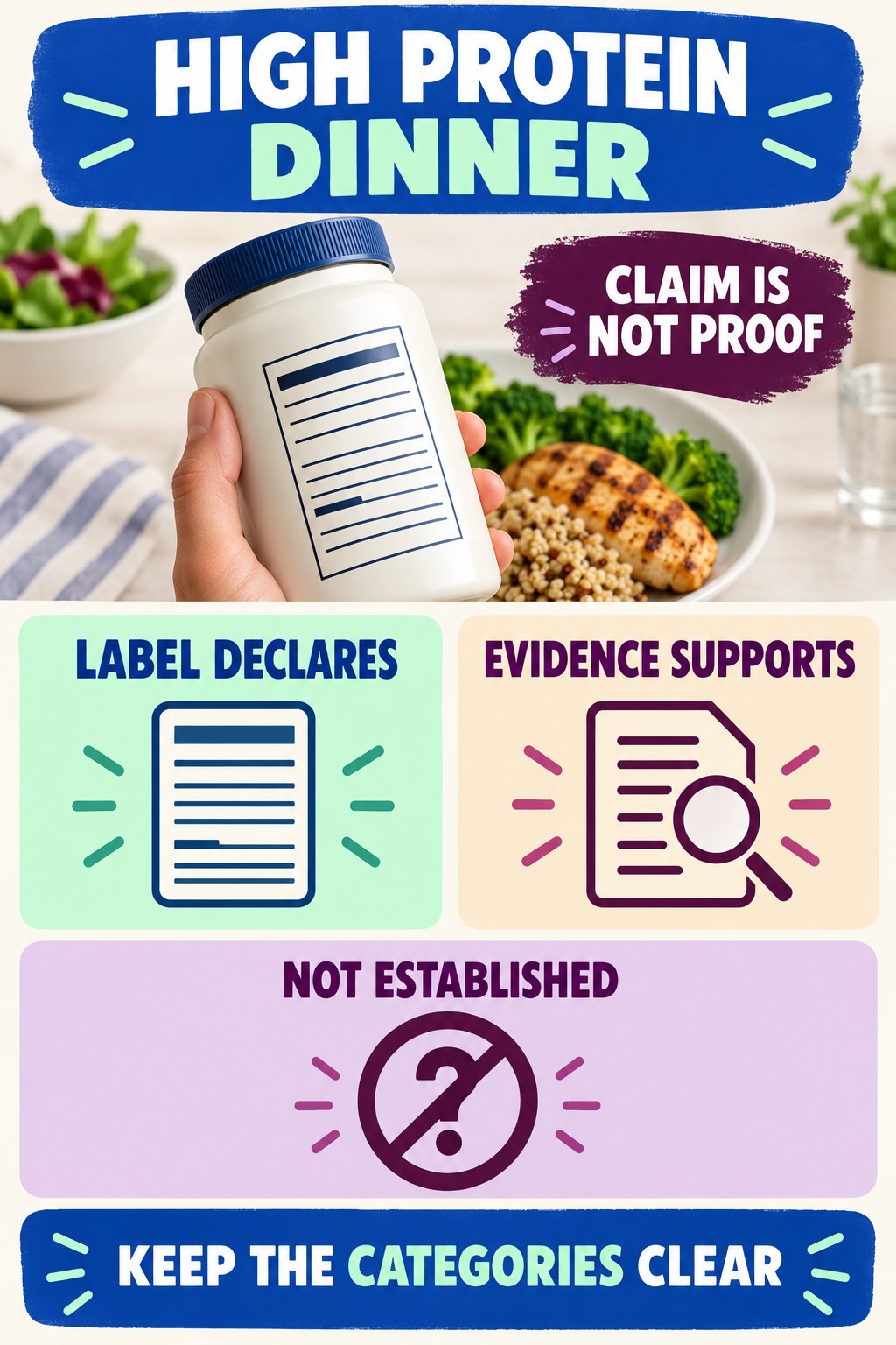 Separate Label Claims From Independent Evidence infographic for High Protein Dinner with four concise probiotic-label reading points.