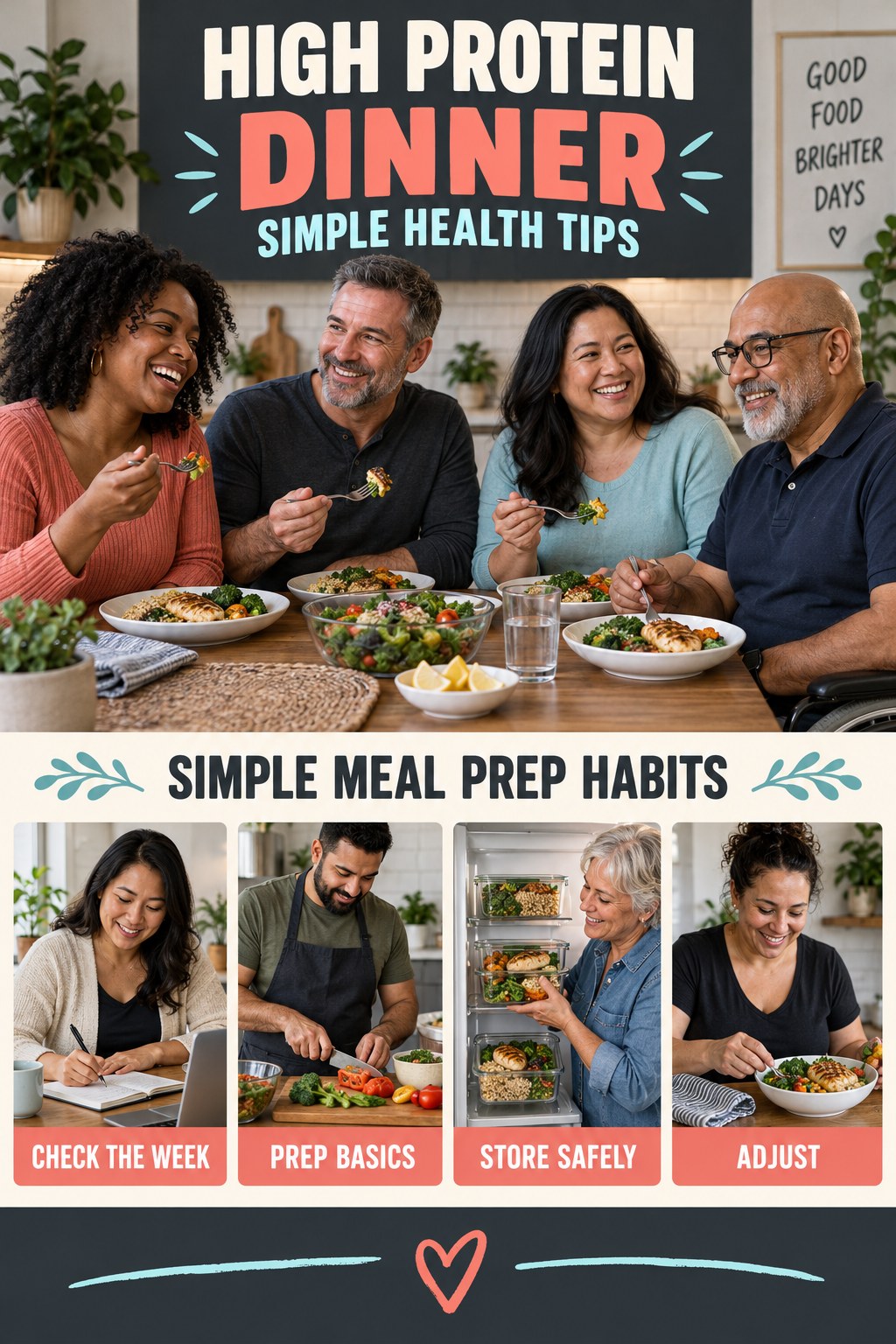 High Protein Dinner simple-health graphic titled Simple Meal Prep Habits with four practical wellness prompts.