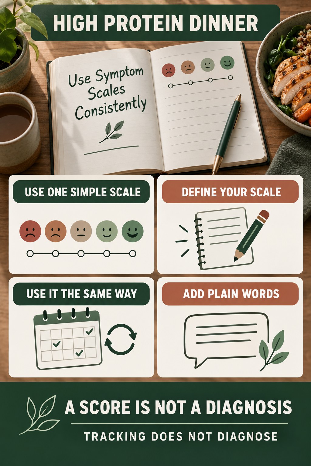 Use Symptom Scales Consistently urinary symptom tracking infographic for High Protein Dinner with four practical diary points and a non-diagnostic reminder.