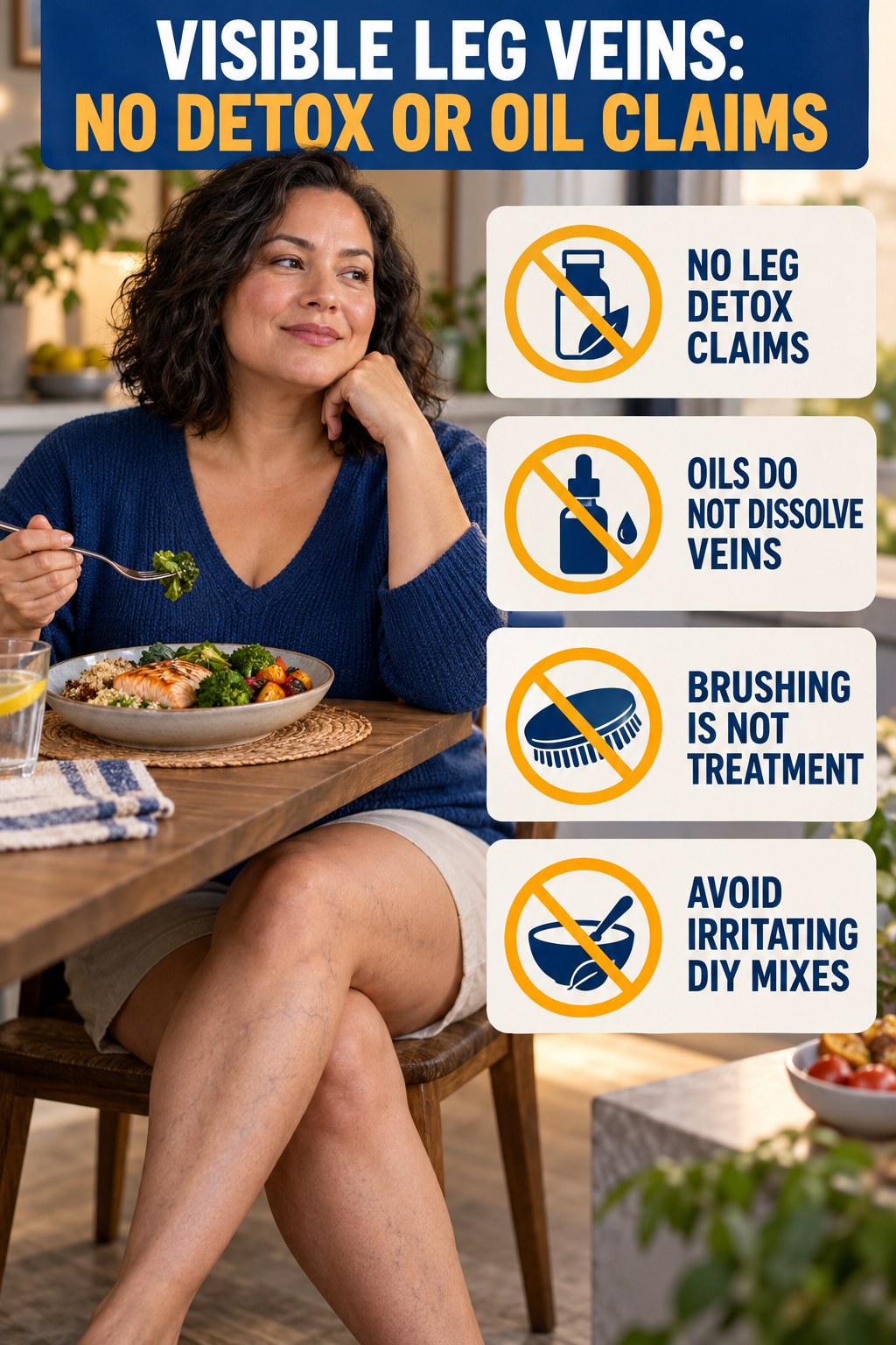 No Detox or Oil Claims infographic for High Protein Dinner, showing body-neutral visible-leg-vein appearance care and the boundary between temporary cosmetic support and treatment.