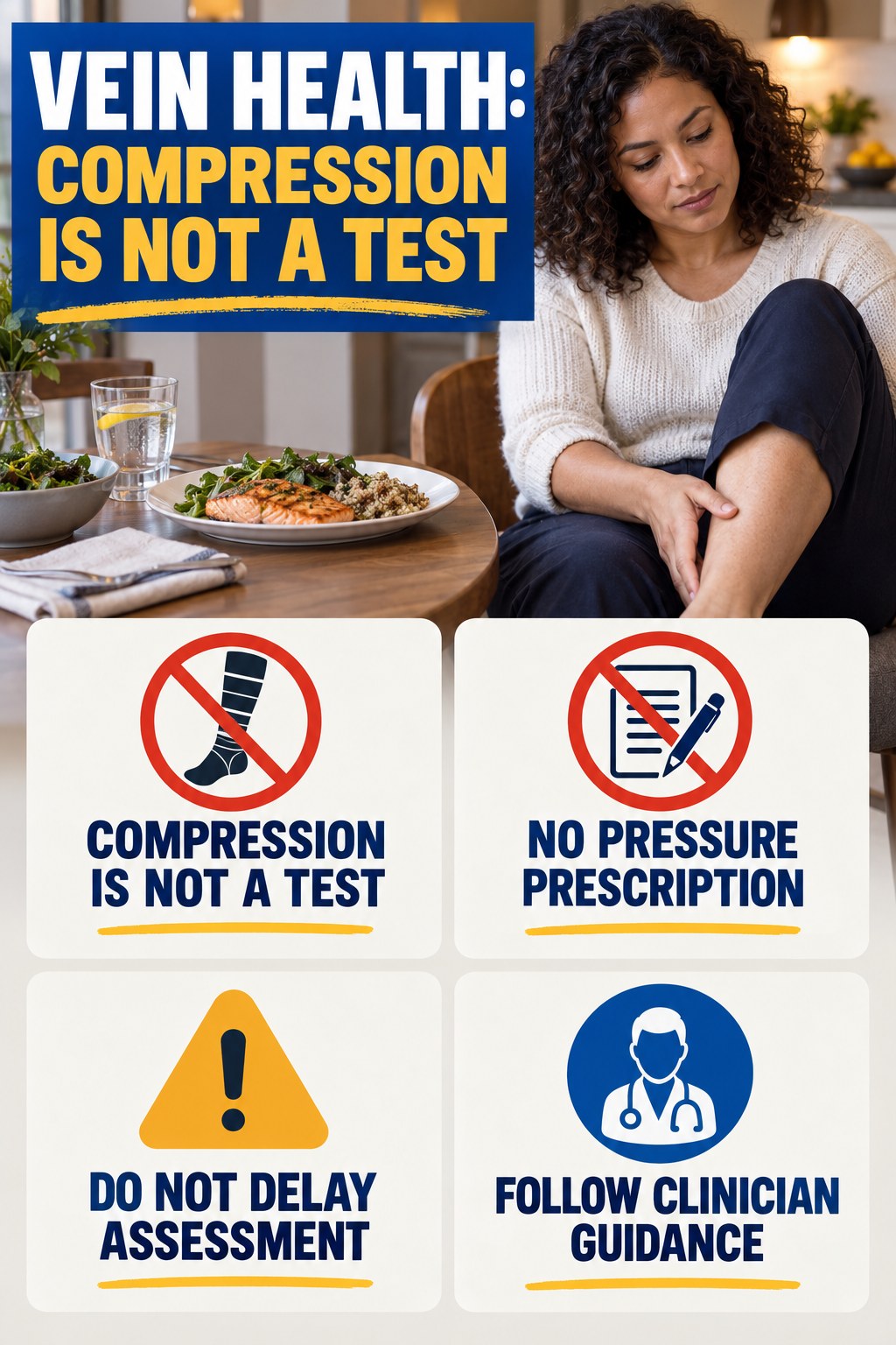 Compression Is Not a Test infographic for High Protein Dinner, explaining vein-health warning signs and the appropriate next action without diagnosing a condition.