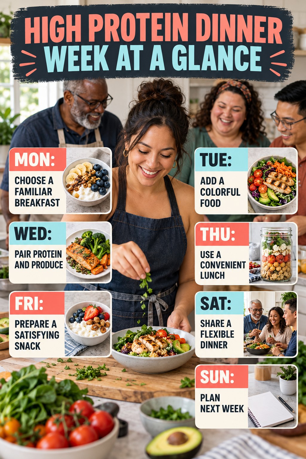 Weekly High Protein Dinner plan graphic with concise Monday-to-Sunday actions and flexible recovery guidance.