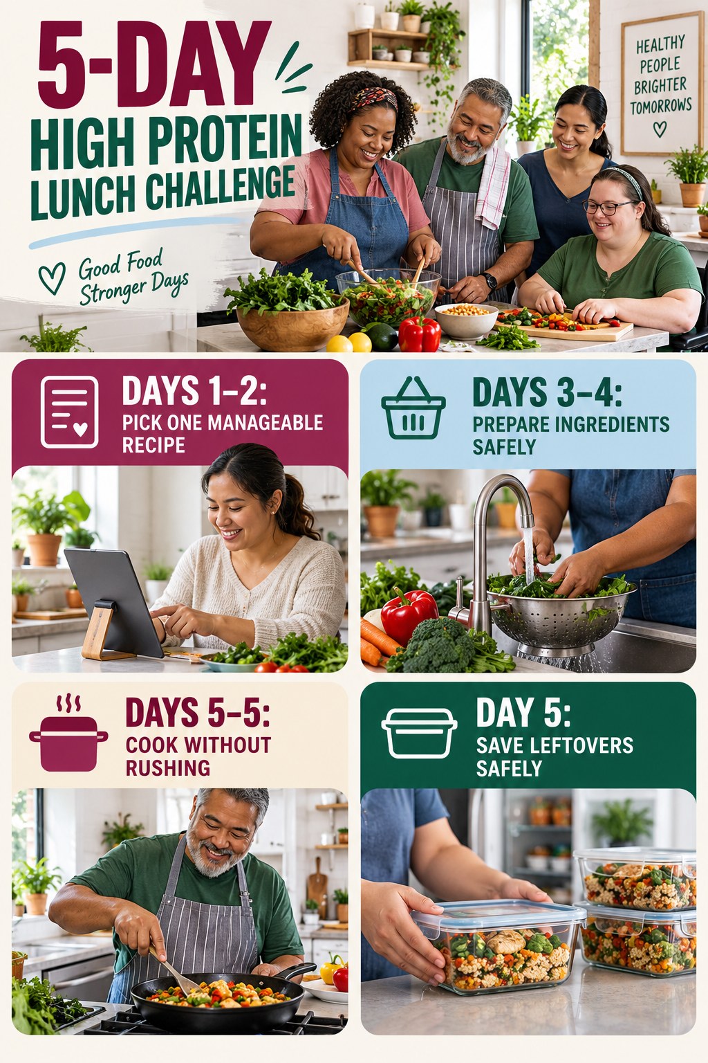 5-day High Protein Lunch challenge graphic showing four manageable milestones for consistent practice.