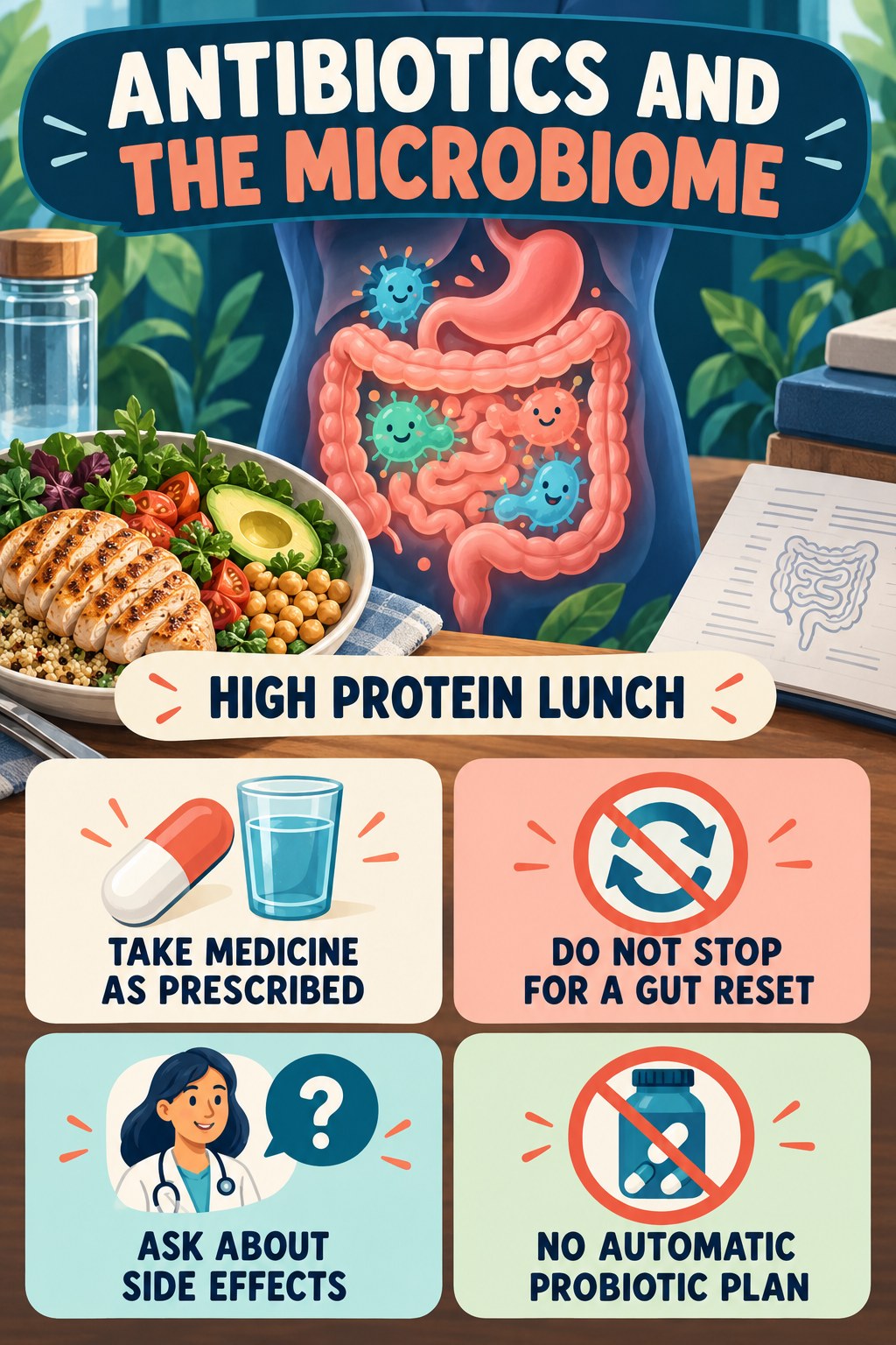 Antibiotics and Microbiome Questions educational infographic for High Protein Lunch with four evidence-aware points.