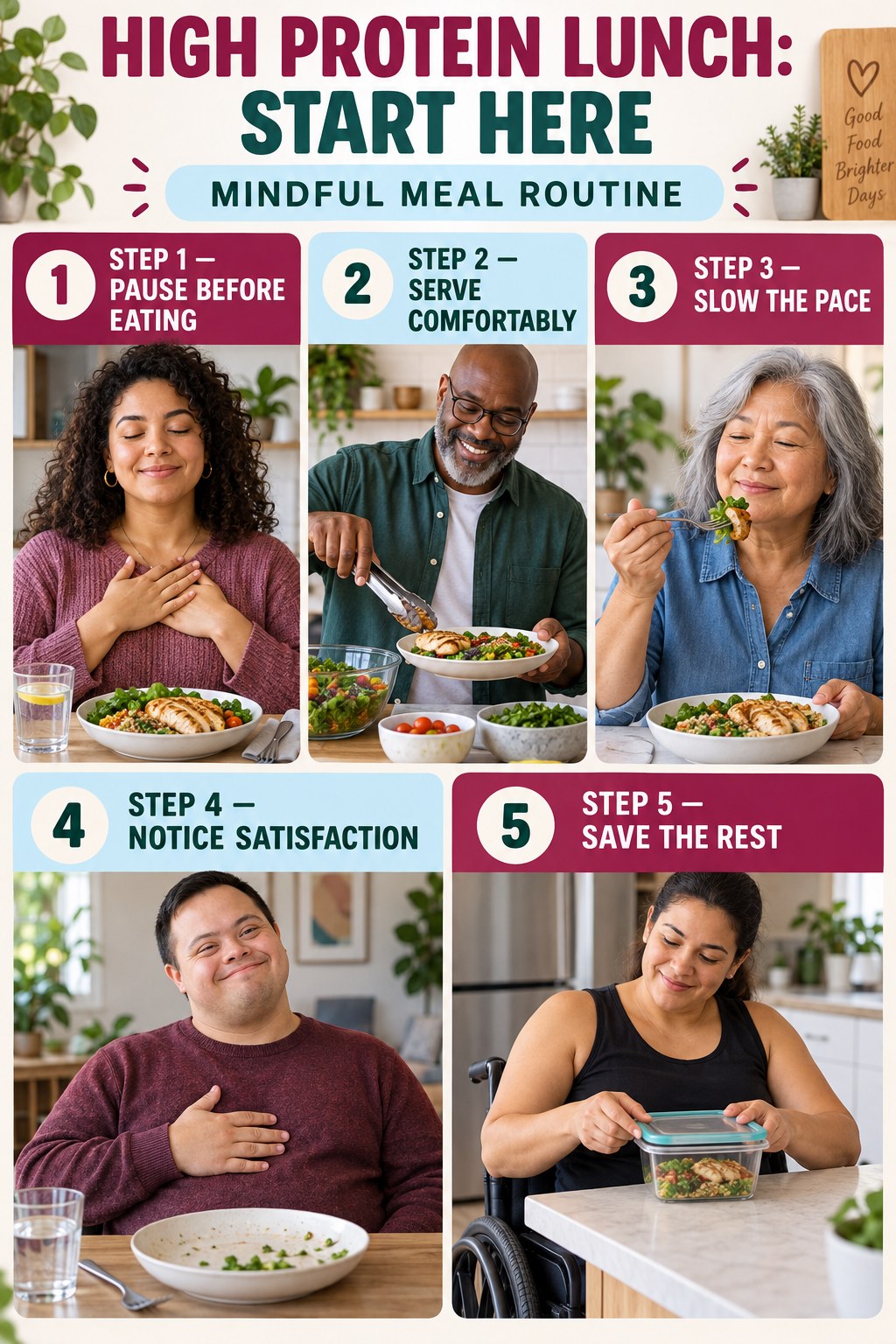 High Protein Lunch beginner guide graphic showing five manageable stages for mindful meal routine.
