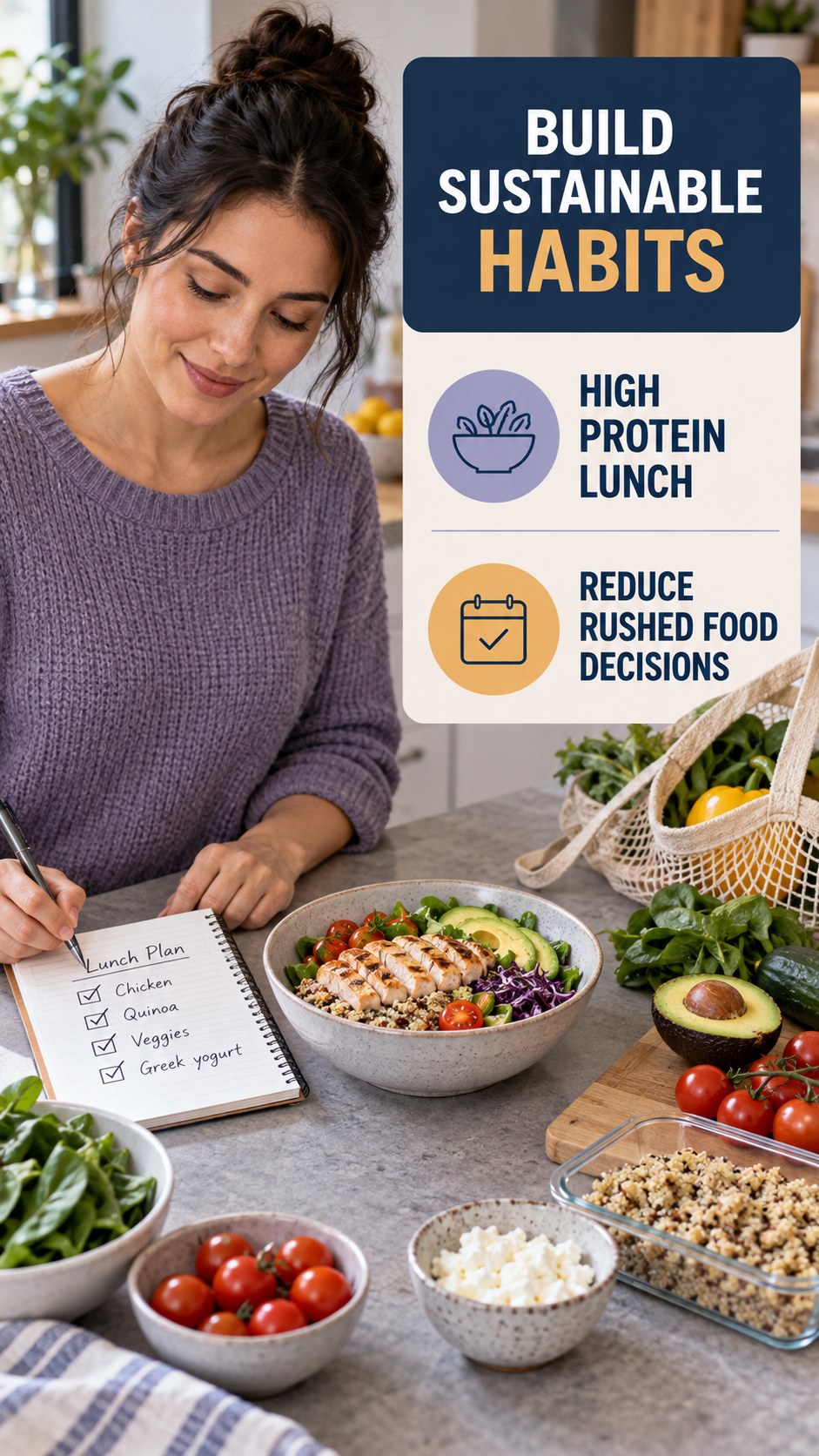 Mindful Meal Decisions infographic for High Protein Lunch, showing practical metabolism-support habits for an active lifestyle.