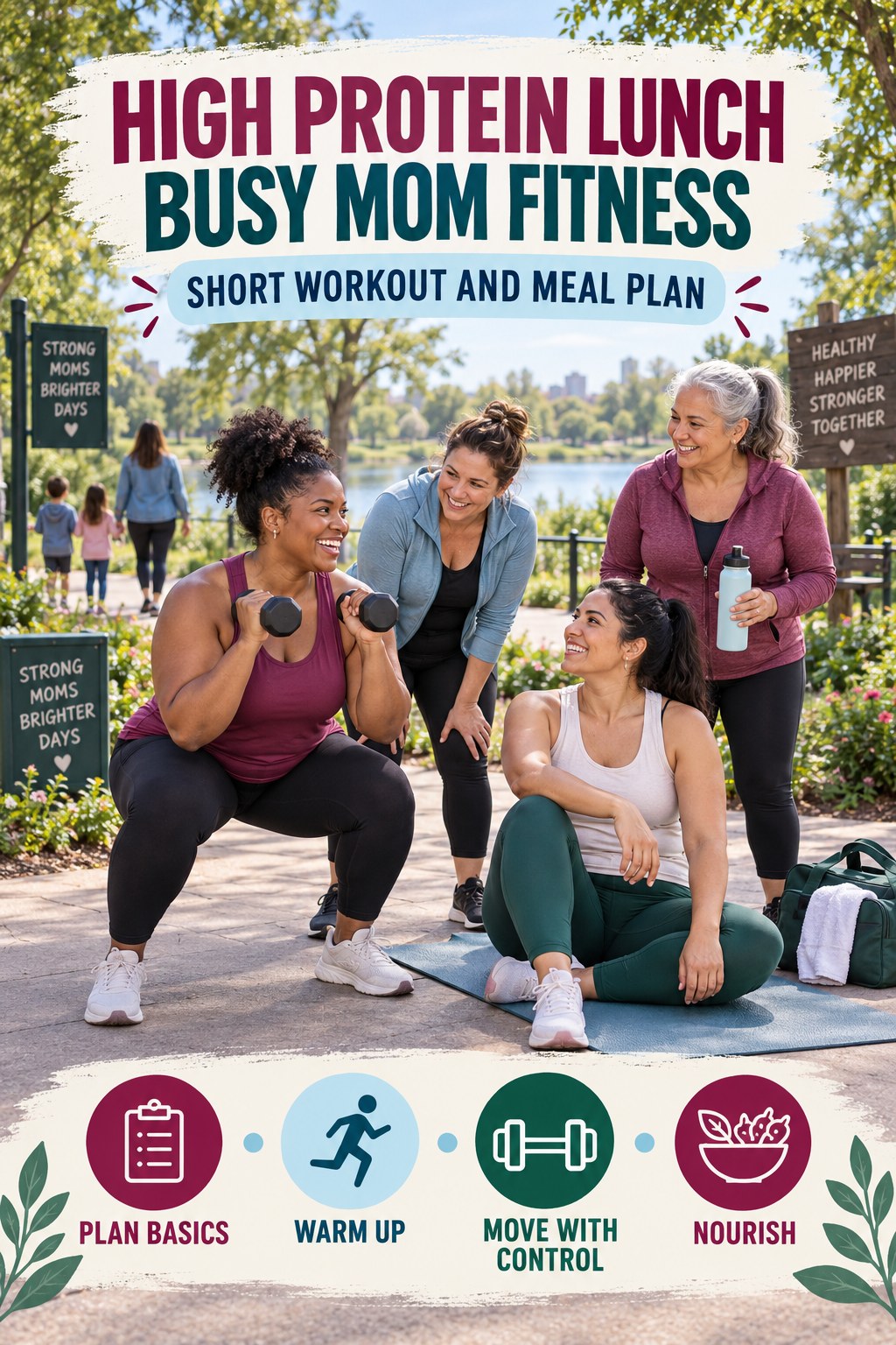 High Protein Lunch busy-mom fitness graphic titled Short Workout and Meal Plan with four practical movement prompts.