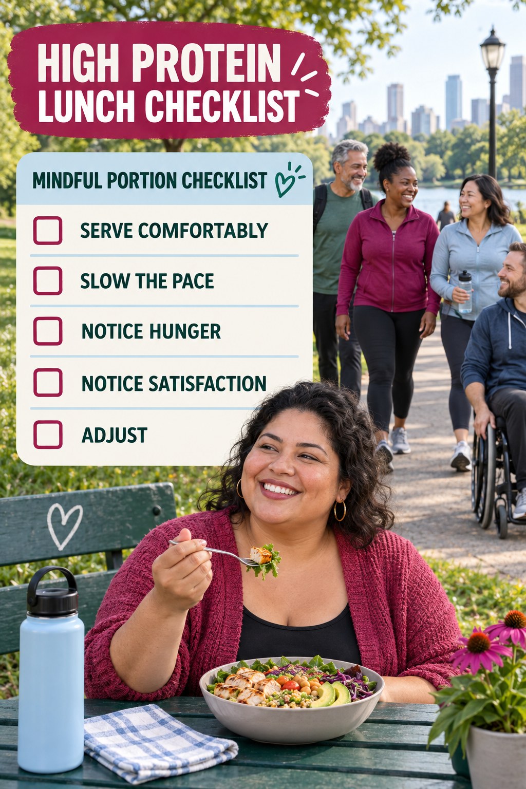 High Protein Lunch checklist graphic titled Mindful Portion Checklist with five clear practical wellness items.