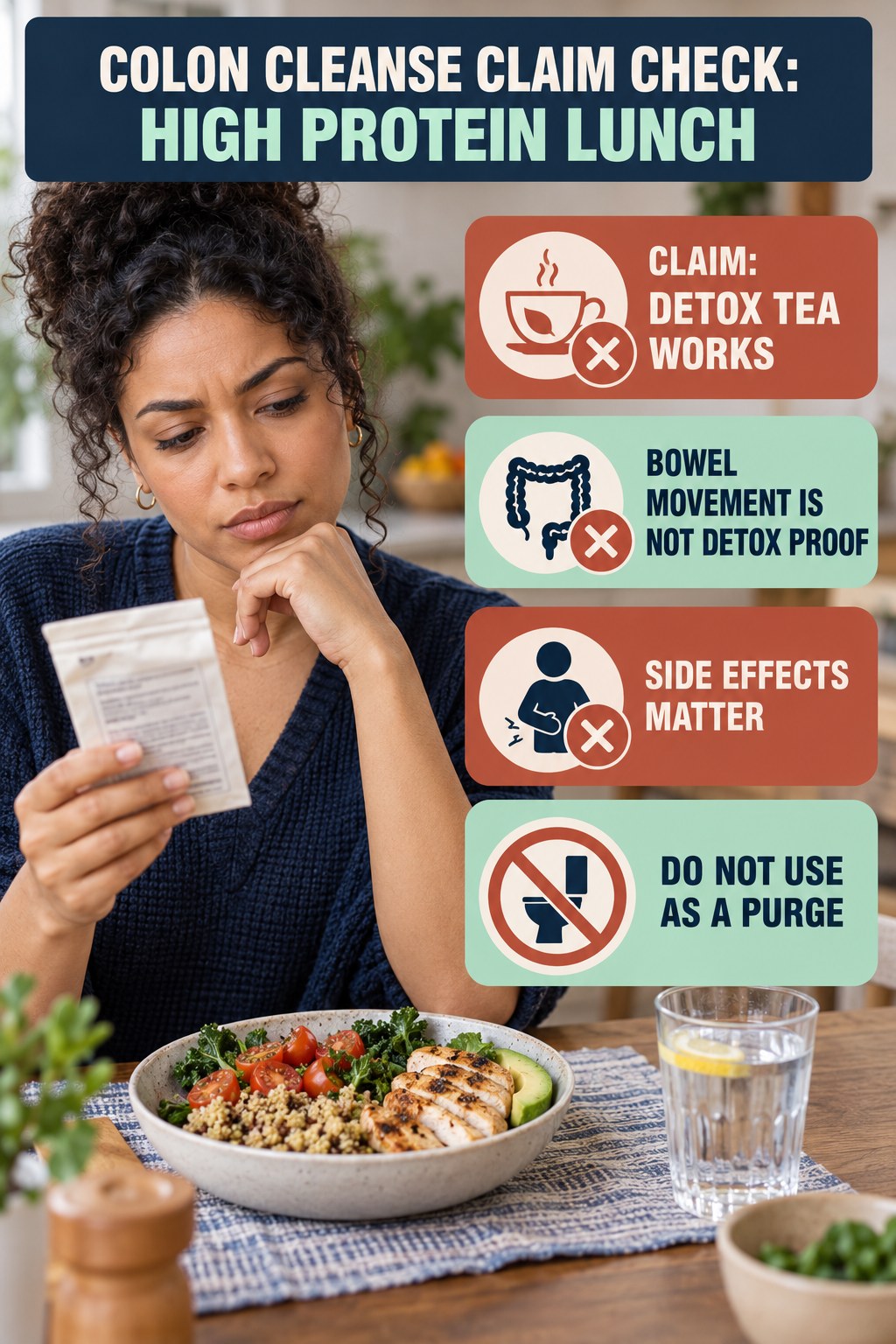 Detox Tea and Laxative Claims infographic for High Protein Lunch, separating a colon-cleanse marketing claim from evidence, reasonable conclusions, and safety context.