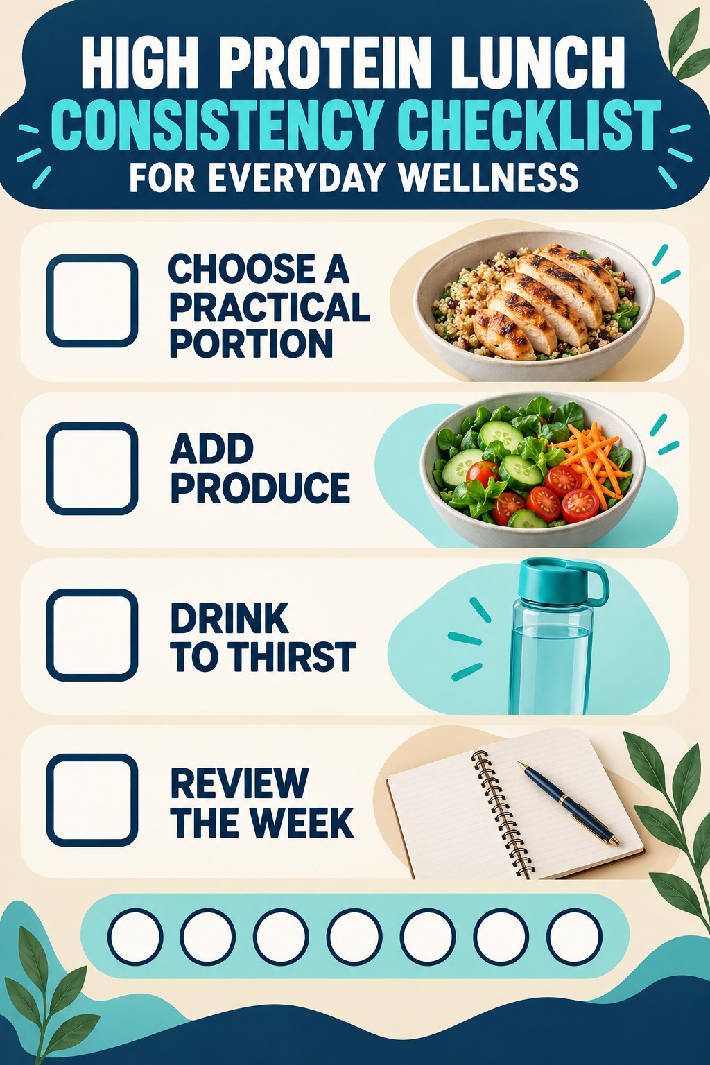 High Protein Lunch Consistency Checklist for Everyday Wellness infographic with checkboxes for choose a practical portion, add produce, drink to thirst, review the week.