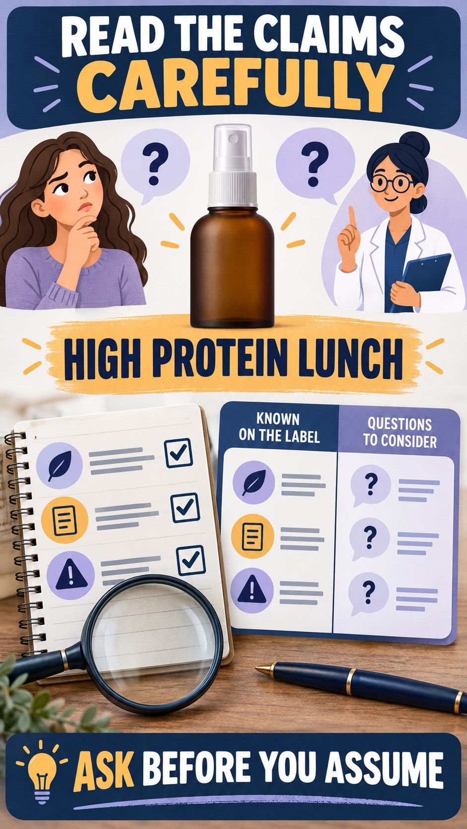 Consumer Questions Checklist infographic for High Protein Lunch, showing a generic spray-label checklist that separates available facts, missing details, and evidence questions.
