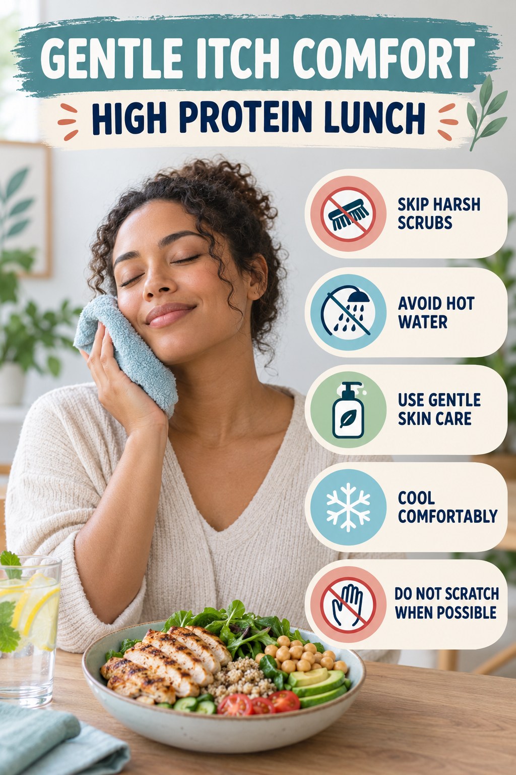 Do Less Irritating, More Soothing infographic for High Protein Lunch with five gentle itchy-skin comfort strategies and a non-diagnostic safety focus.