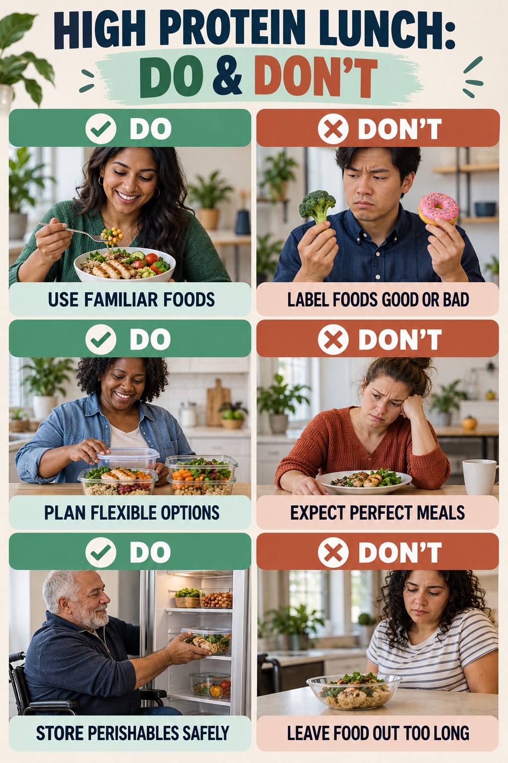 High Protein Lunch Do and Don’t comparison graphic showing three practical behavior pairs for comfortable portions.