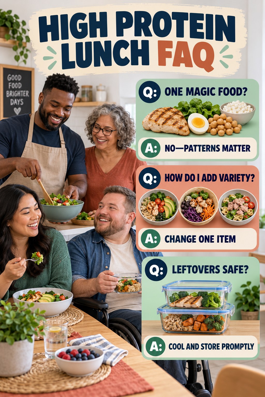 High Protein Lunch FAQ graphic with three concise questions and practical answers for beginners.
