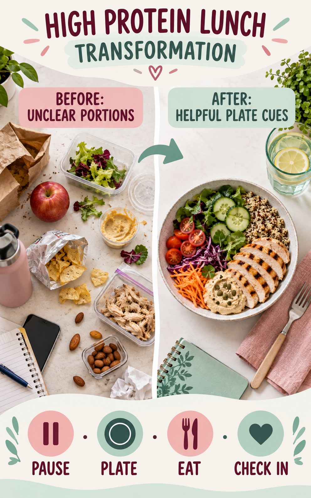 High Protein Lunch habit transformation graphic comparing unclear portions with helpful plate cues using four practical steps.