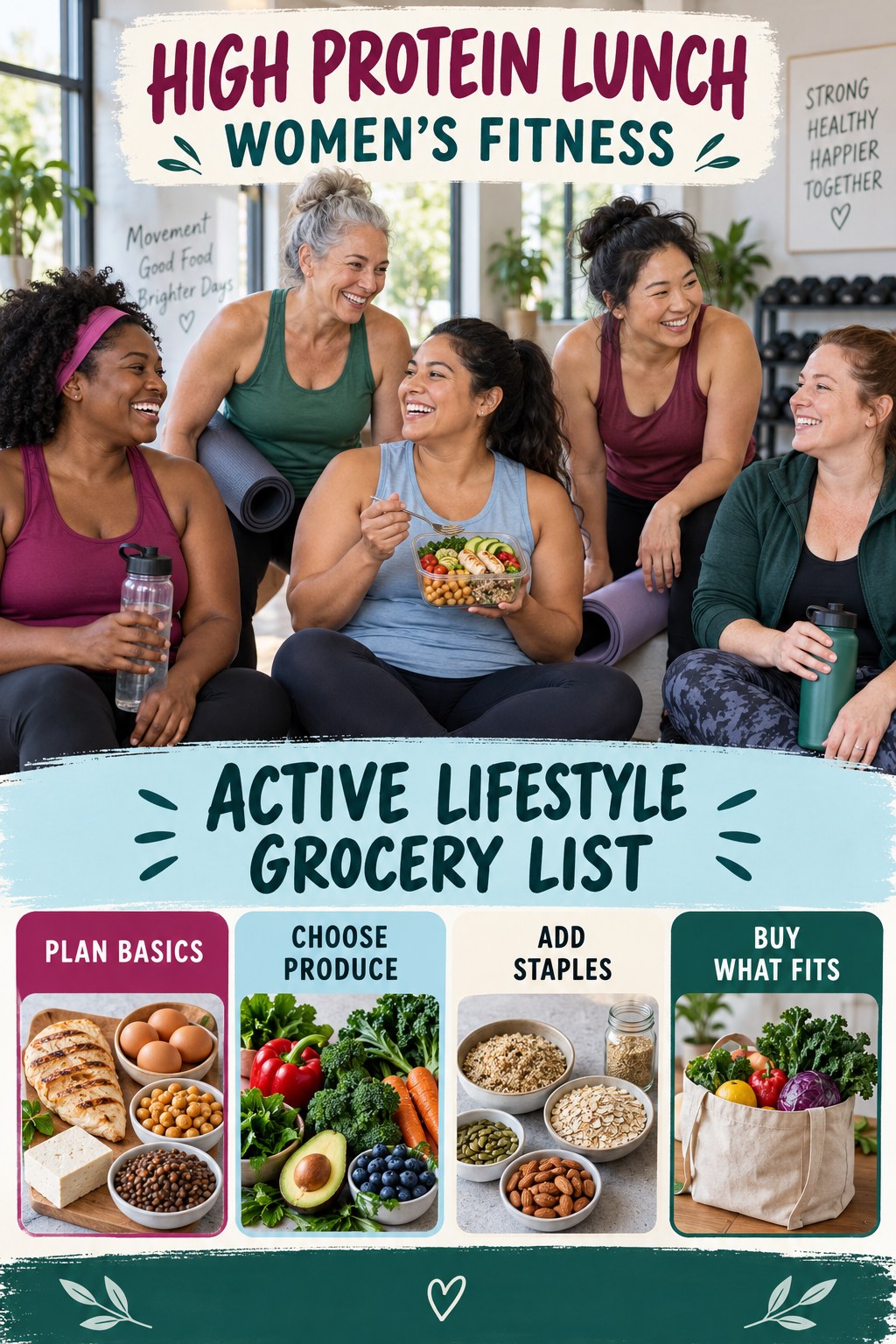 High Protein Lunch women’s fitness graphic titled Active Lifestyle Grocery List with four practical training prompts.