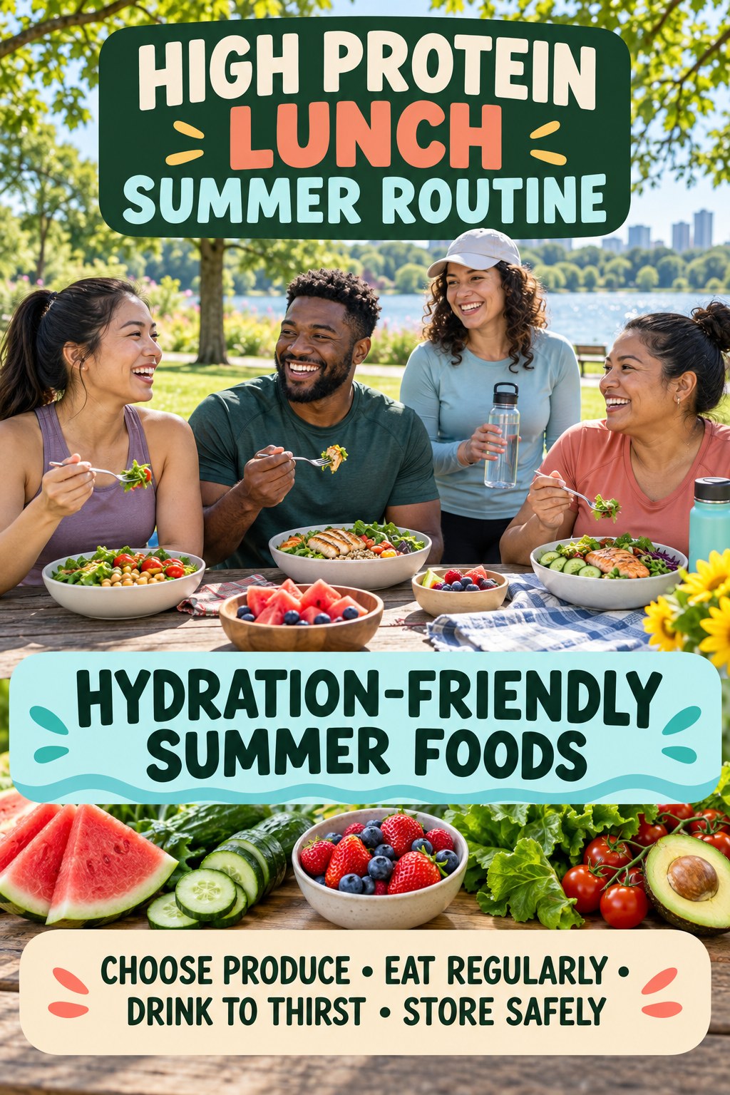 High Protein Lunch summer routine graphic titled Hydration-Friendly Summer Foods with four practical wellness prompts.