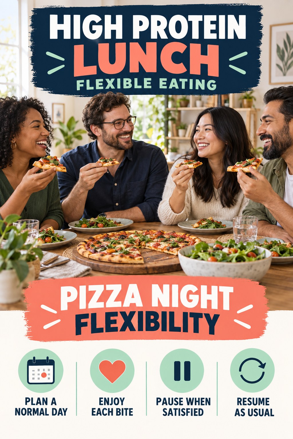 High Protein Lunch flexible eating graphic titled Pizza Night Flexibility with four practical balance prompts.