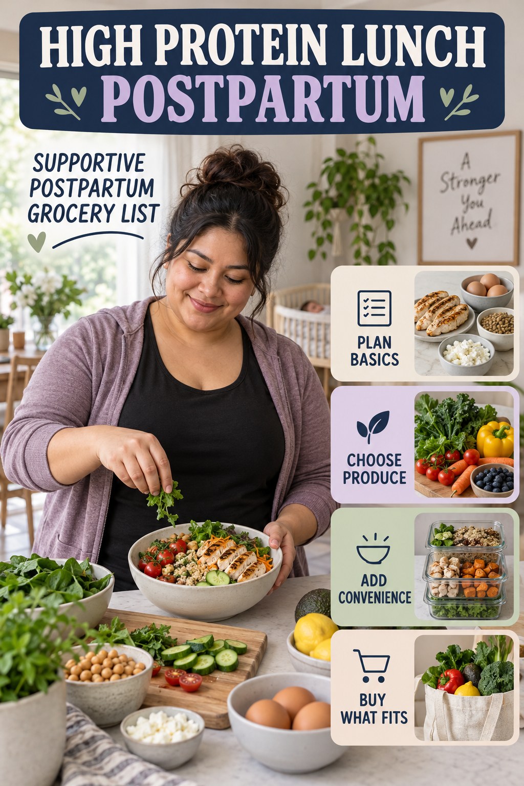High Protein Lunch postpartum graphic titled Supportive Postpartum Grocery List with four gradual recovery-aware prompts.