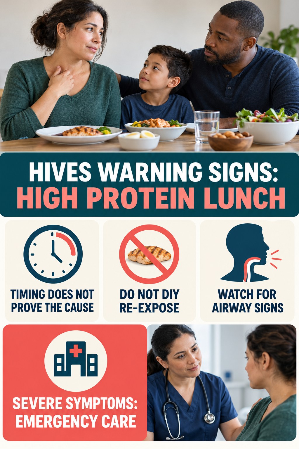 Food-Reaction Awareness infographic for High Protein Lunch, highlighting urgent breathing, throat, swelling, fainting, and rapid-progression warning signs without diagnosing hives.
