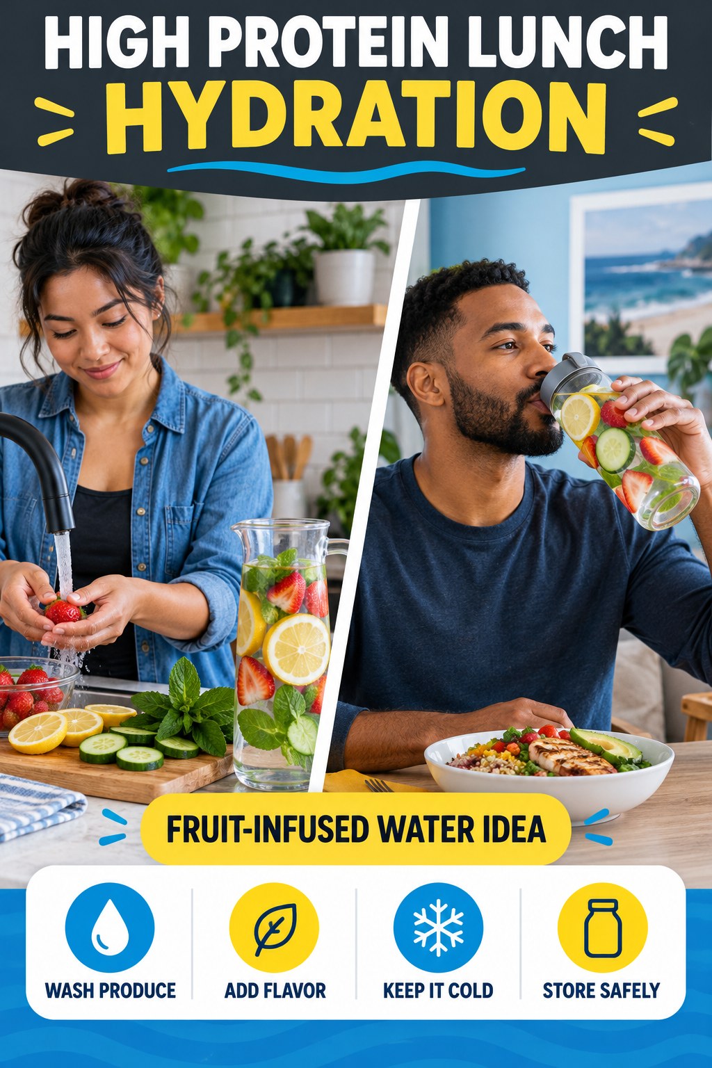 High Protein Lunch hydration graphic titled Fruit-Infused Water Idea with four flexible water-habit prompts and no fixed intake target.