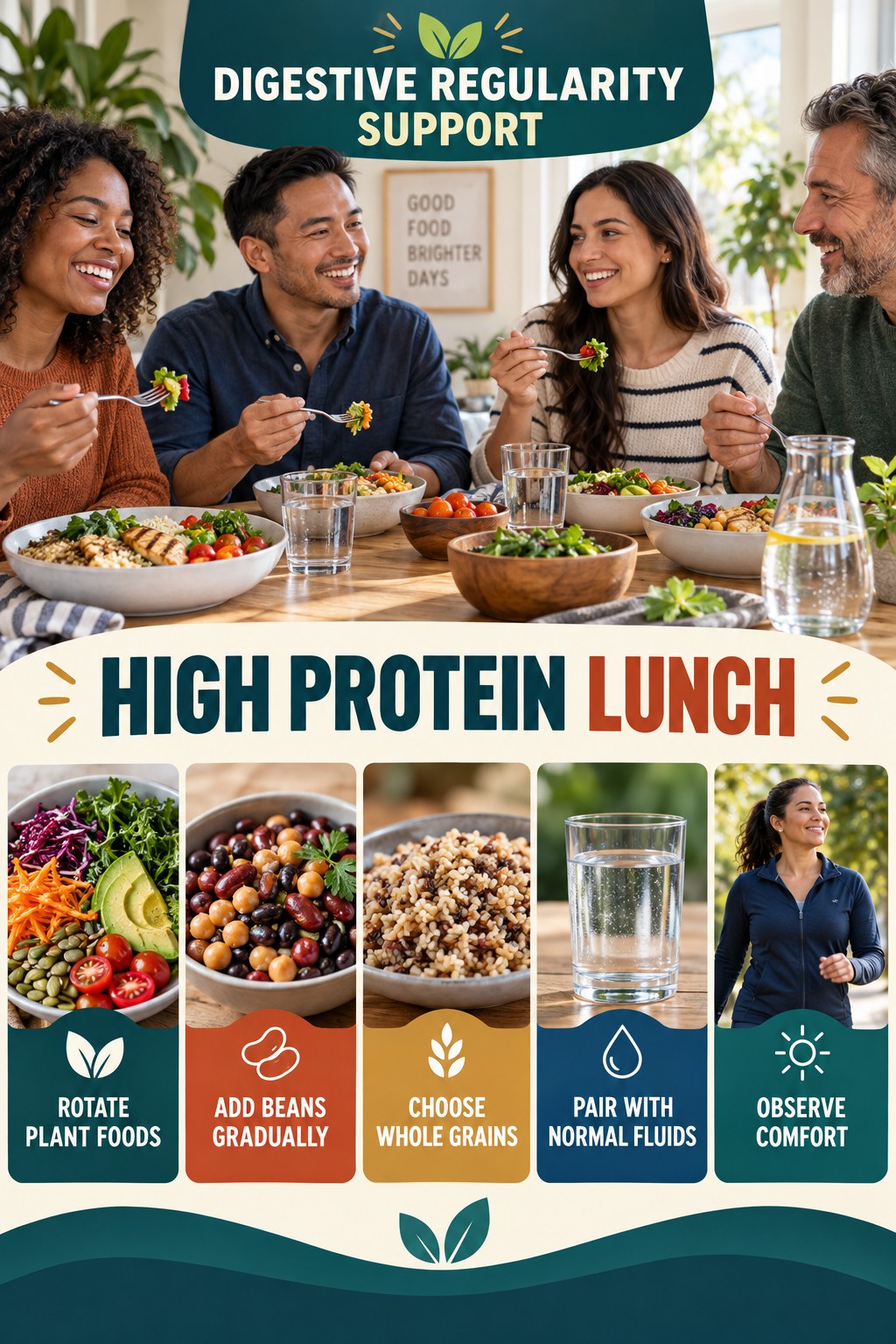 Meal Prep for Fiber Variety infographic for High Protein Lunch with five practical food, hydration, movement, or routine actions and no cleanse claims.