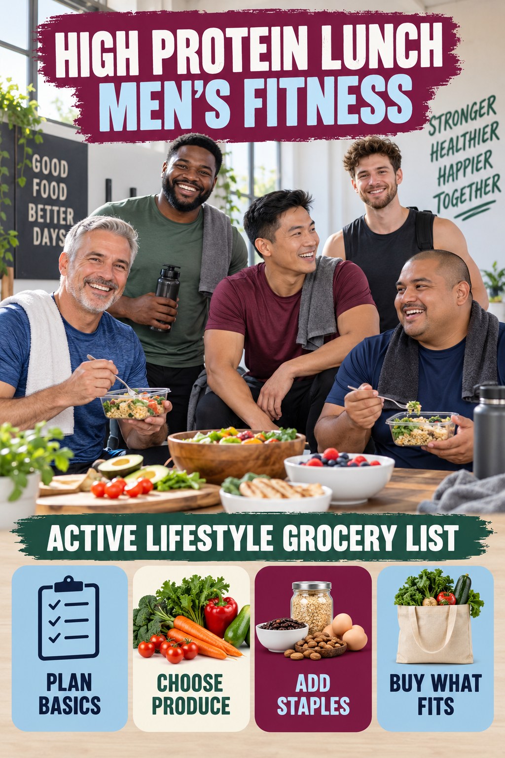 High Protein Lunch men’s fitness graphic titled Active Lifestyle Grocery List with four practical training prompts.