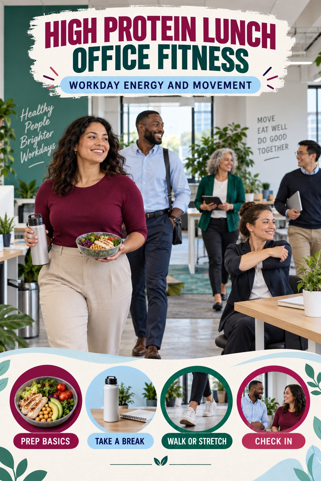 High Protein Lunch office-fitness graphic titled Workday Energy and Movement with four practical workday movement prompts.