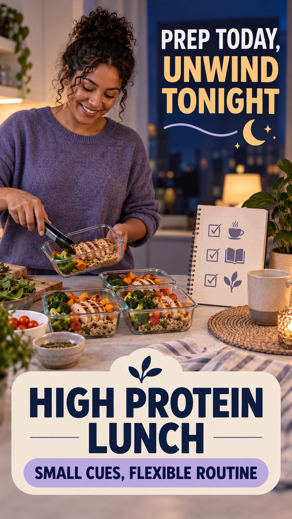 Meal Prep and Sleep Routine infographic for High Protein Lunch, showing a flexible and calming evening wellness routine.