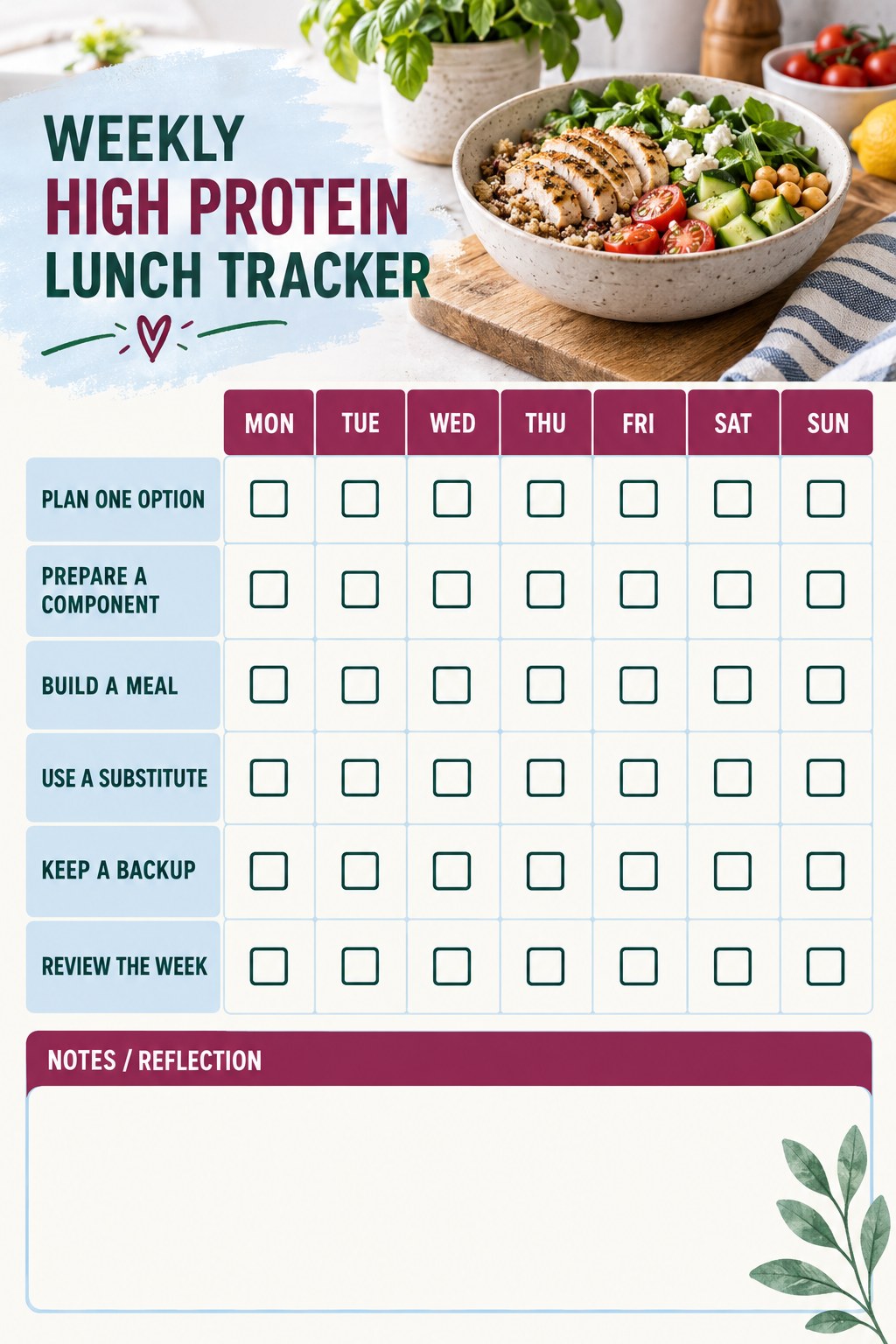 Weekly High Protein Lunch printable-style tracker graphic with six labeled rows, empty checkboxes, and a reflection area.