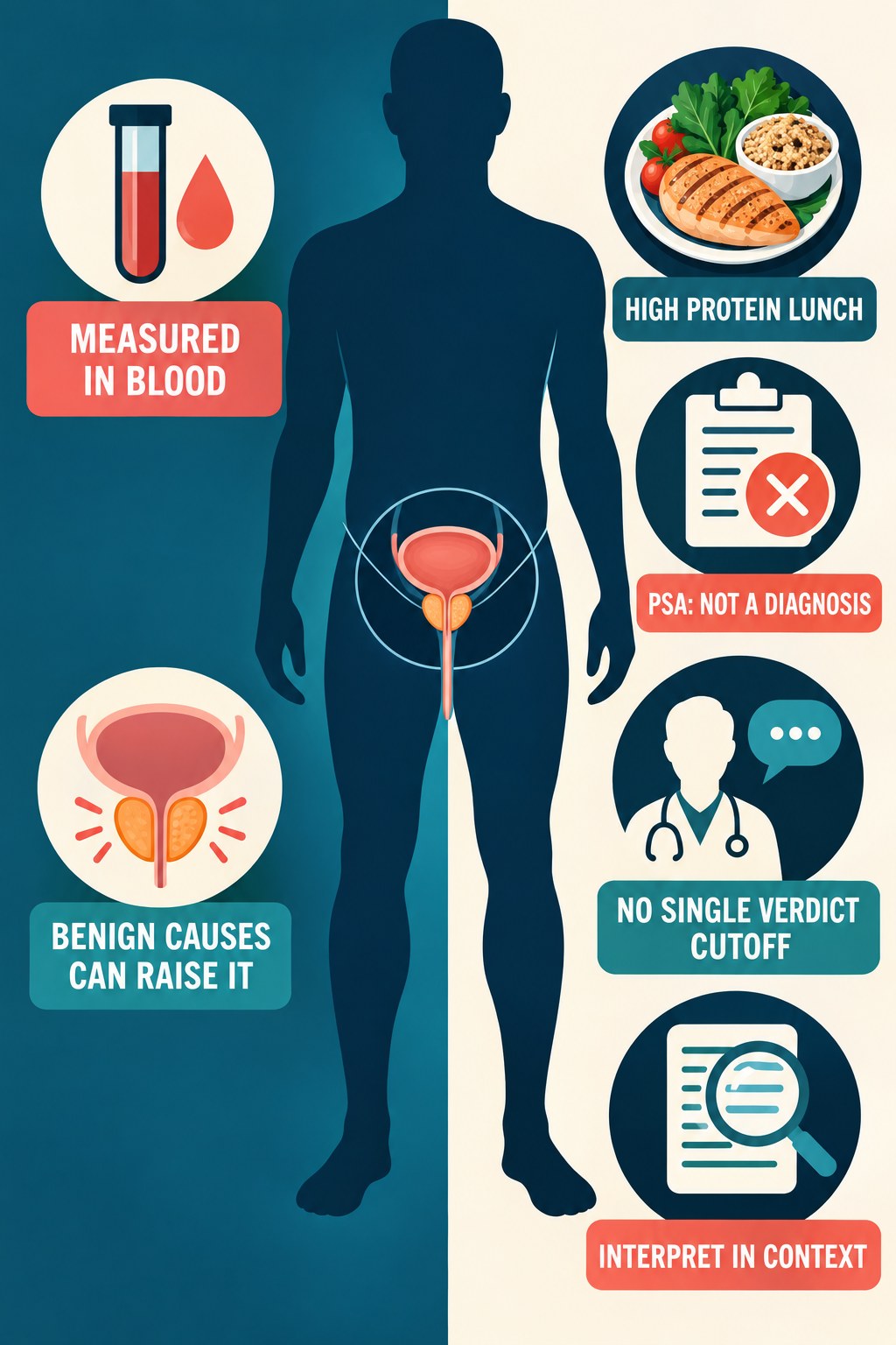 PSA Is a Test, Not a Cancer Verdict infographic for High Protein Lunch with four concise prostate-health awareness points.