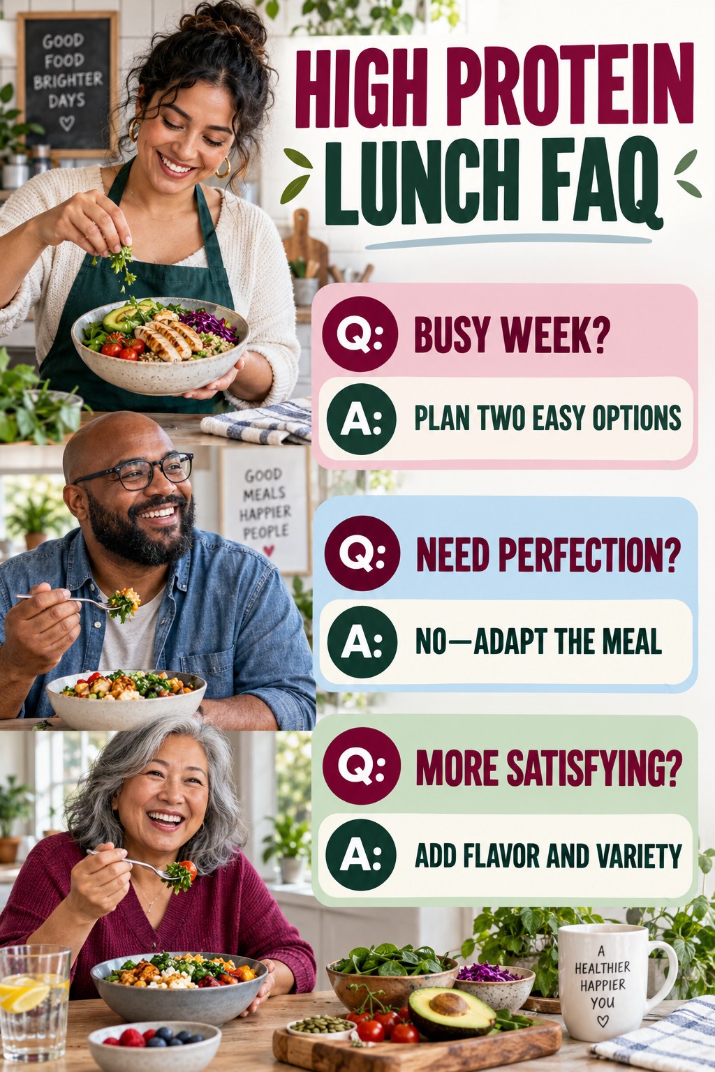 High Protein Lunch FAQ graphic with three concise questions and practical answers for beginners.
