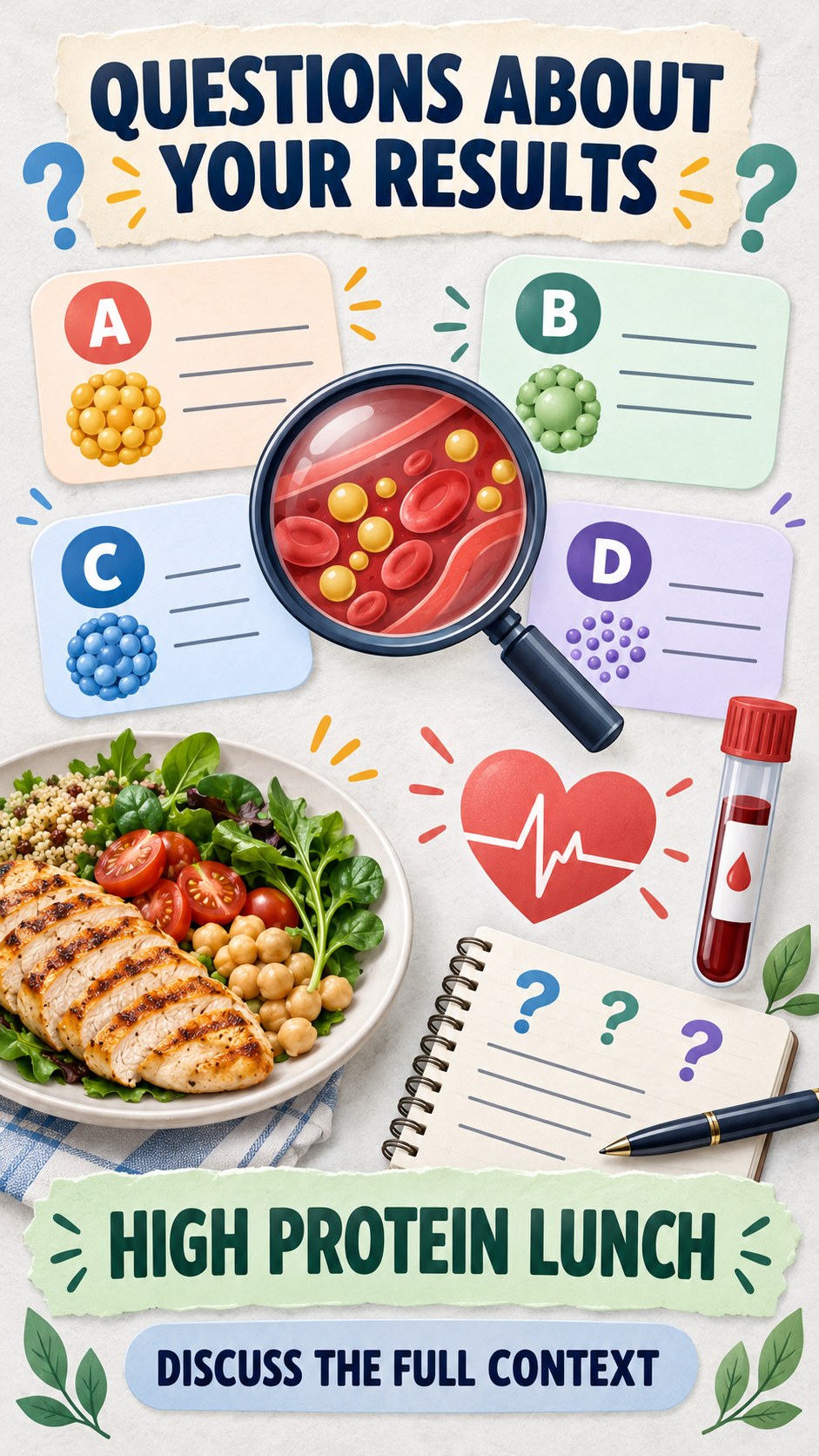 Questions for Your Clinician infographic for High Protein Lunch, using a non-numerical educational lipid-panel layout with question and context icons.