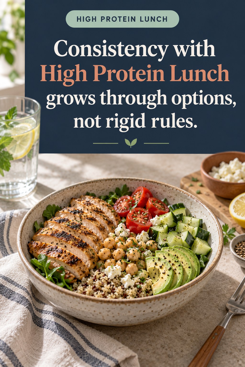 Original High Protein Lunch quote graphic reading “Consistency with High Protein Lunch grows through options, not rigid rules.” in a board-relevant editorial design.