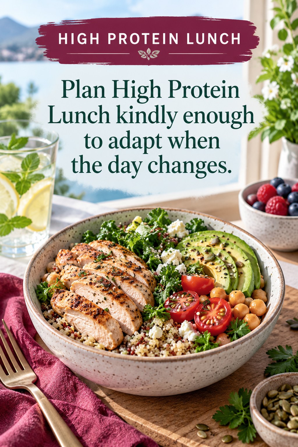 Original High Protein Lunch quote graphic reading “Plan High Protein Lunch kindly enough to adapt when the day changes.” in a board-relevant editorial design.