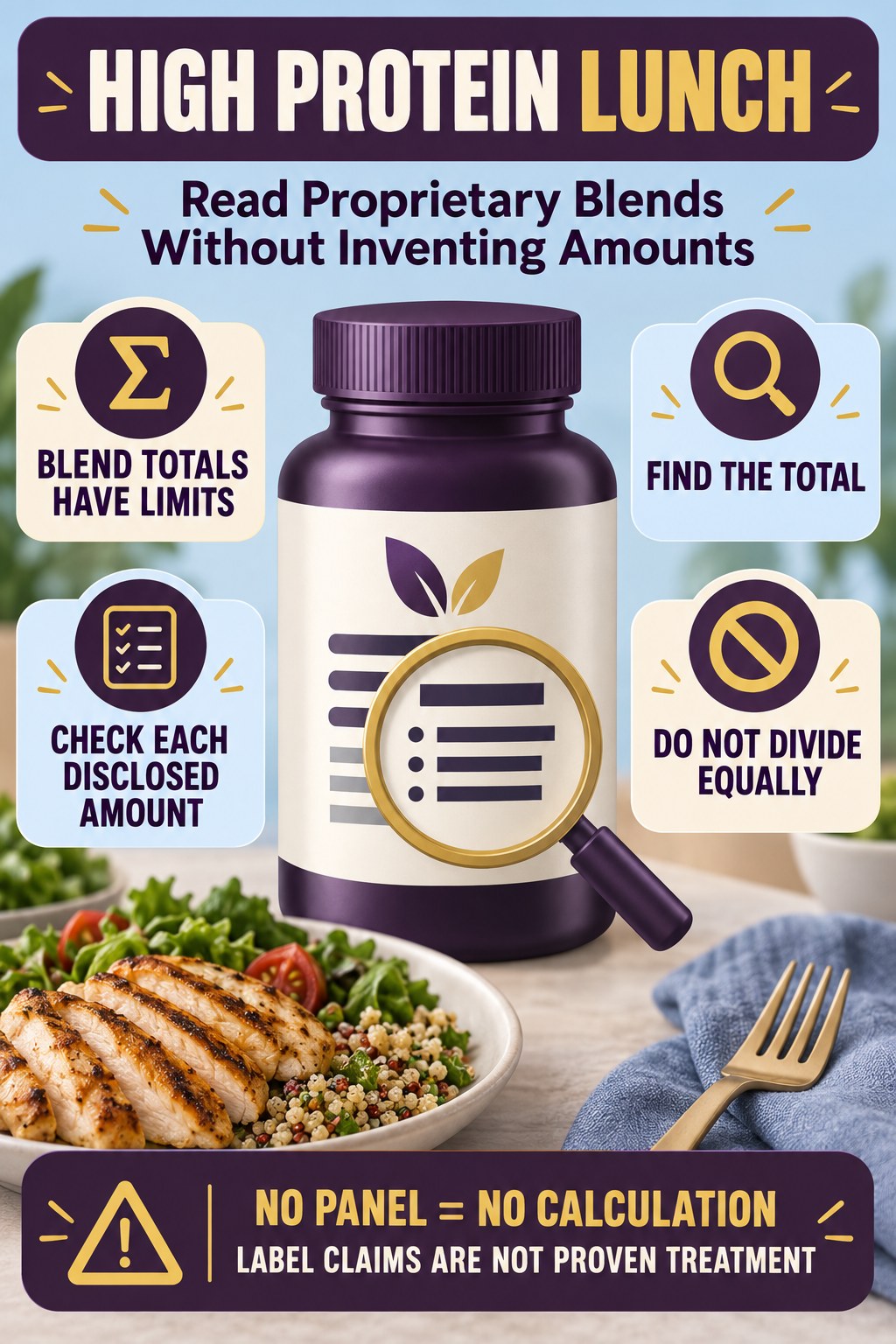 Read Proprietary Blends Without Inventing Amounts prostate supplement label-literacy infographic for High Protein Lunch with four careful reading points.