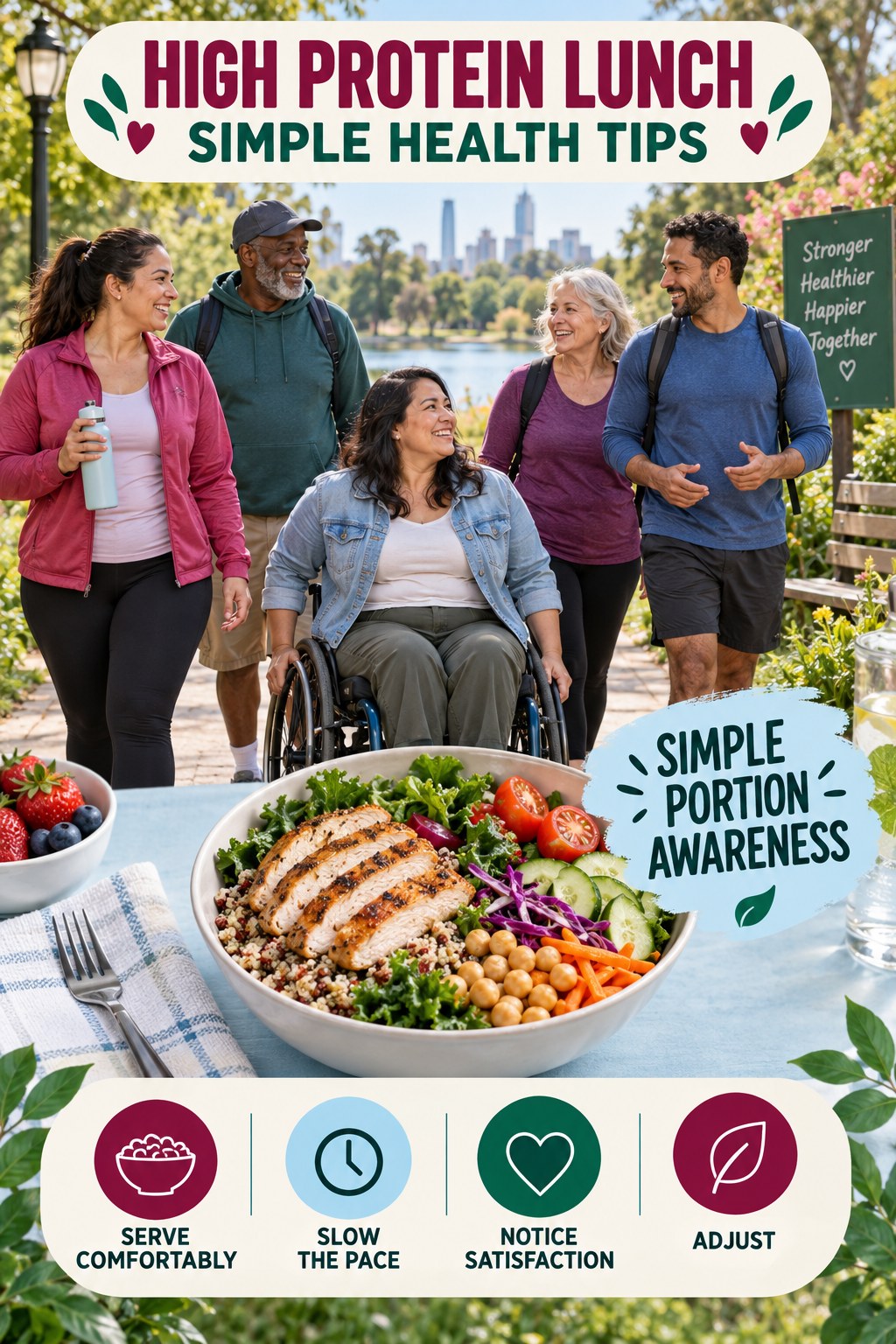 High Protein Lunch simple-health graphic titled Simple Portion Awareness with four practical wellness prompts.