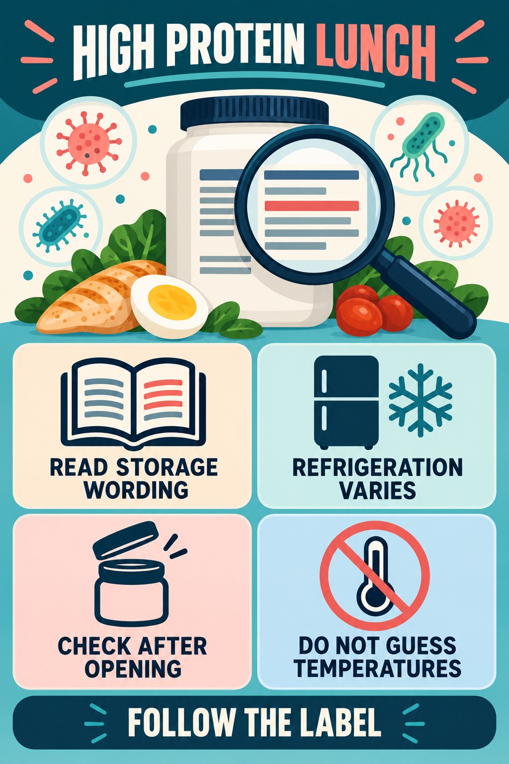 Storage Instructions Are Product Specific infographic for High Protein Lunch with four concise probiotic-label reading points.