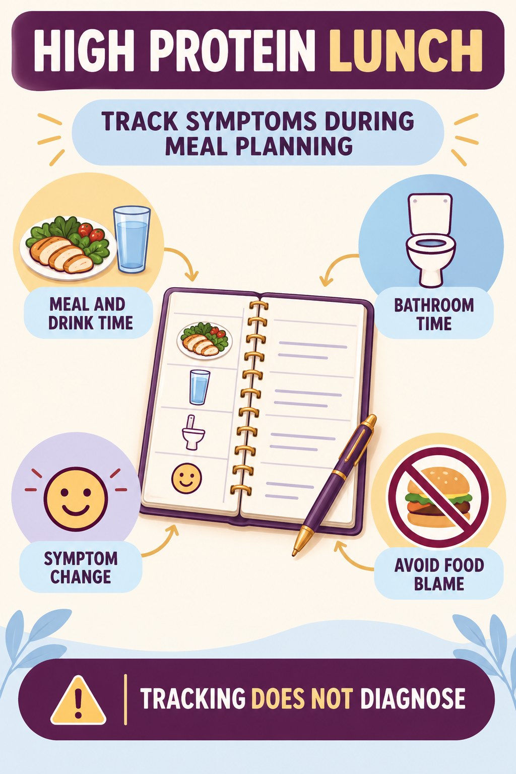 Track Symptoms During Meal Planning urinary symptom tracking infographic for High Protein Lunch with four practical diary points and a non-diagnostic reminder.