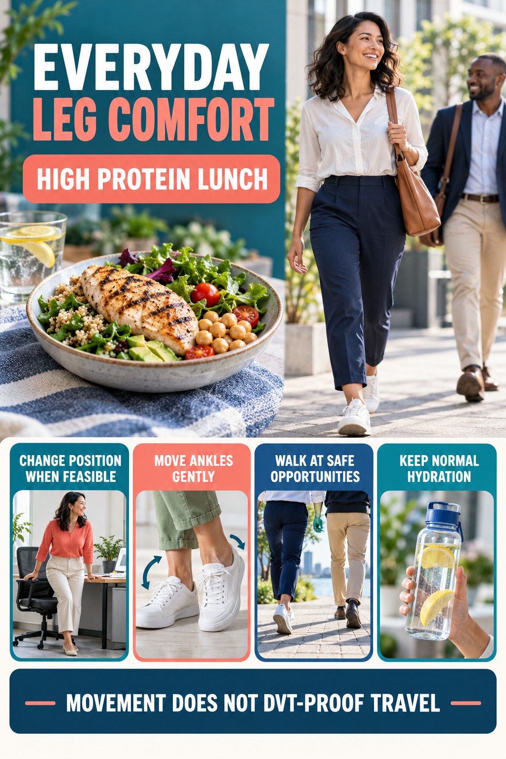Travel Leg Comfort infographic for High Protein Lunch with five gentle movement, position, footwear, recovery, or safety actions.