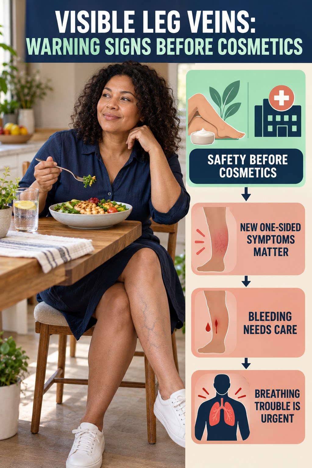 Warning Signs Before Cosmetics infographic for High Protein Lunch, showing body-neutral visible-leg-vein appearance care and the boundary between temporary cosmetic support and treatment.