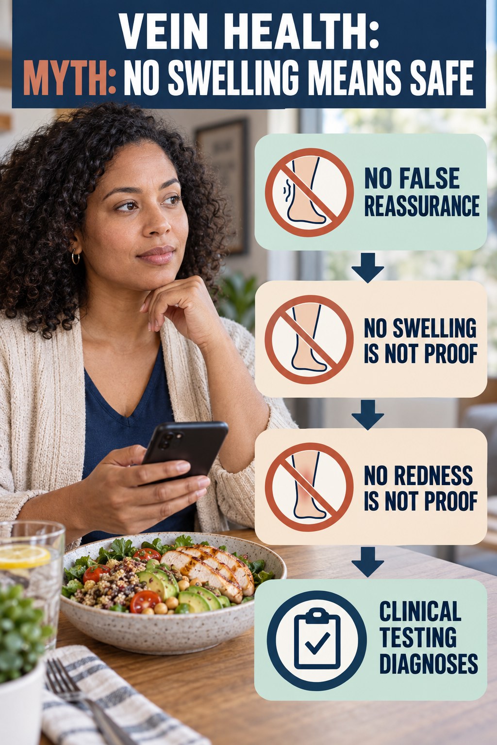 Myth: No Swelling Means Safe infographic for High Protein Lunch, explaining vein-health warning signs and the appropriate next action without diagnosing a condition.