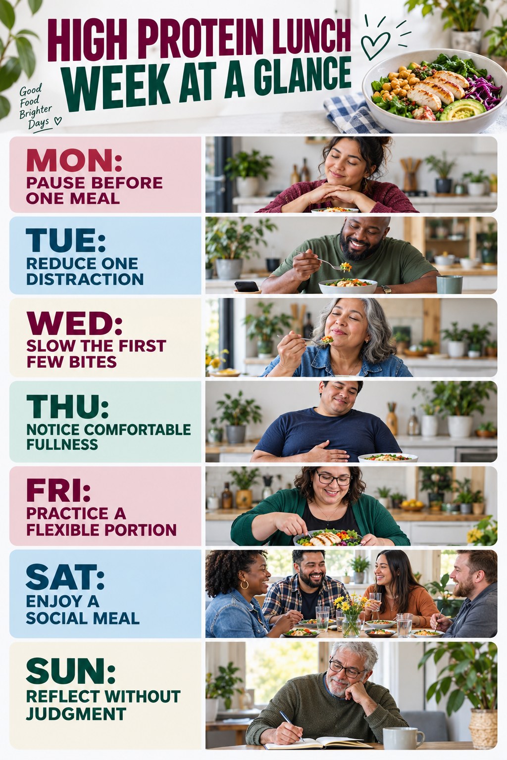 Weekly High Protein Lunch plan graphic with concise Monday-to-Sunday actions and flexible recovery guidance.