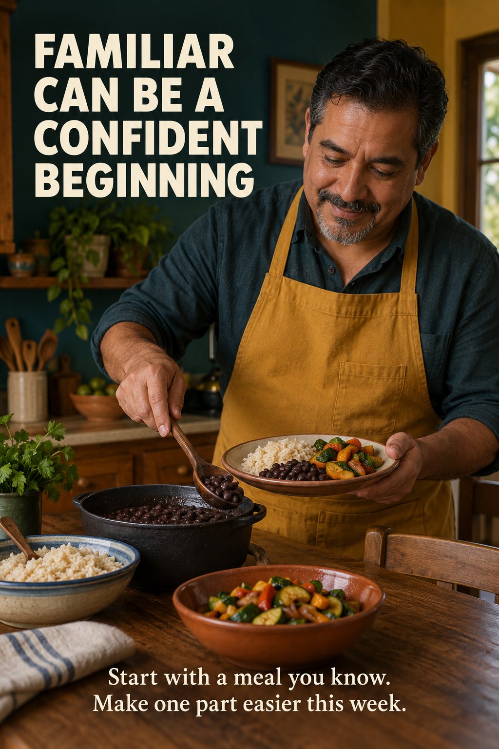 A home cook serving a familiar bean and rice dinner at a small kitchen table.