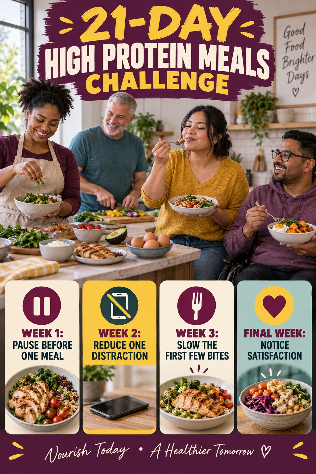 21-day High Protein Meals challenge graphic showing four manageable milestones for consistent practice.