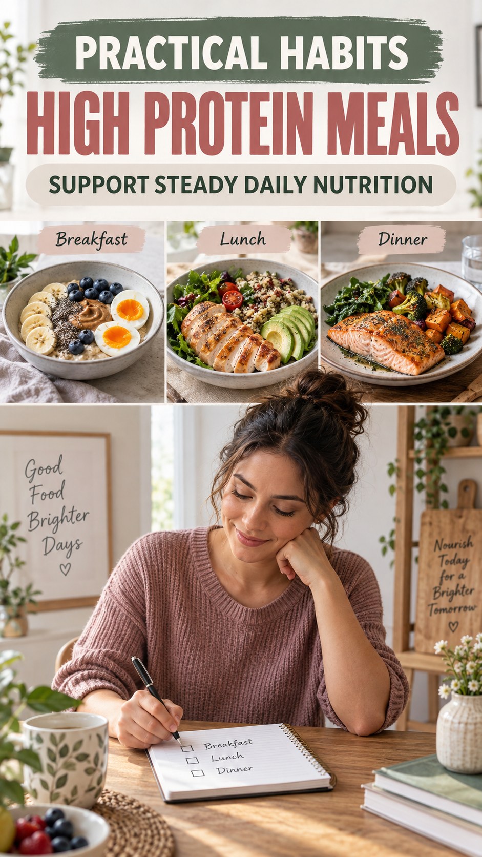 Steady Daily Nutrition infographic for High Protein Meals, showing practical metabolism-support habits for an active lifestyle.