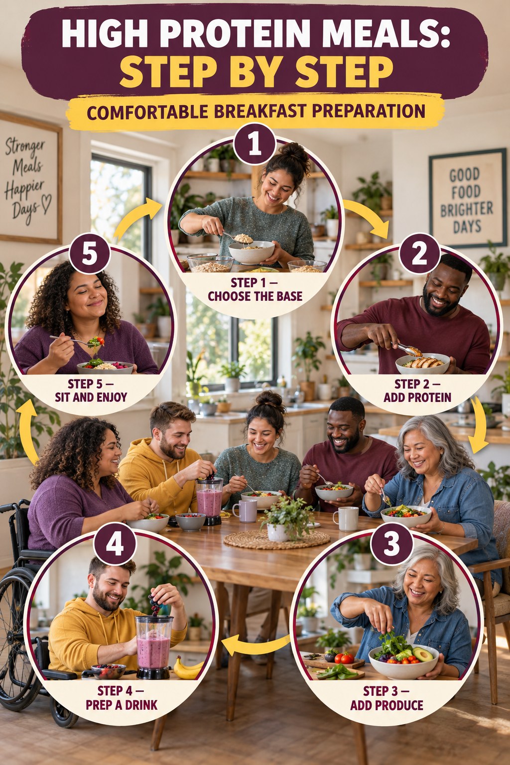 High Protein Meals step-by-step graphic showing five numbered stages for comfortable breakfast preparation.