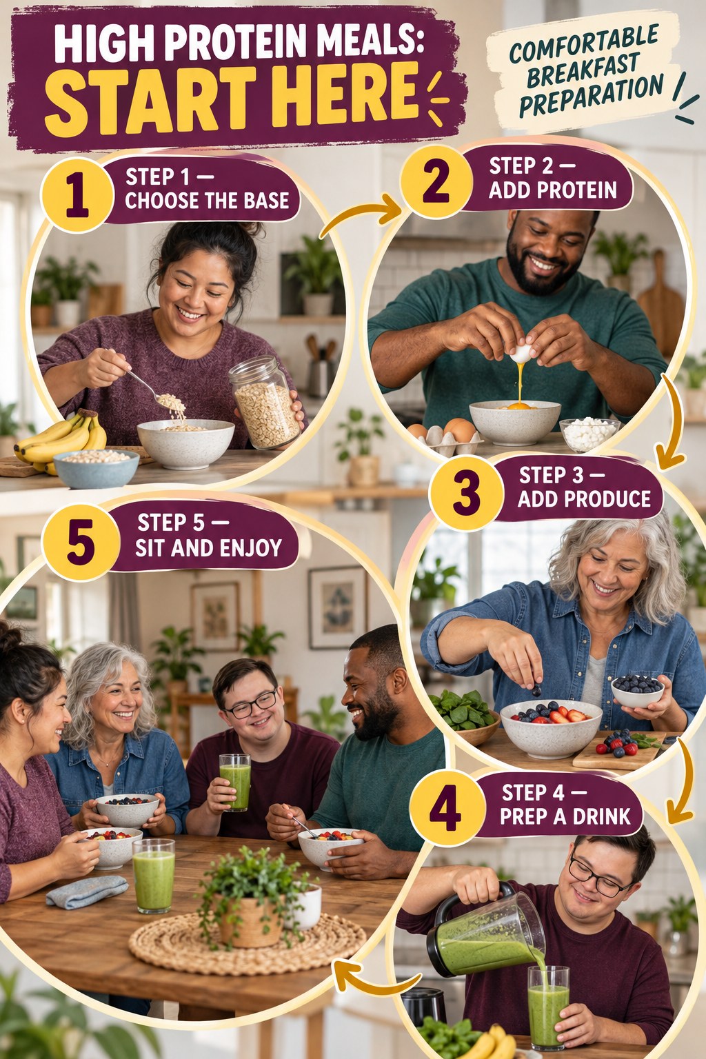 High Protein Meals beginner guide graphic showing five manageable stages for comfortable breakfast preparation.
